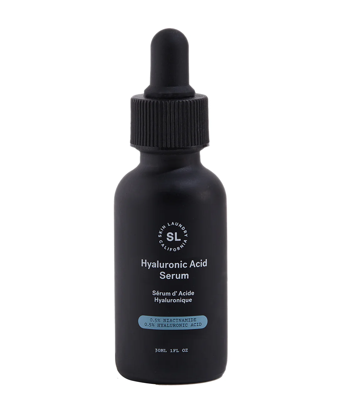 A black dropper bottle of Skin Laundry Hyaluronic Acid Serum with the brand logo and product name visible. The label also indicates "0.5% NIACINAMIDE 0.5% HYALURONIC ACID". The bottle is presented upright against a white background.
