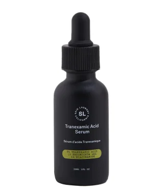 A black dropper bottle of Skin Laundry Tranexamic Acid Serum, highlighting "3% TRANEXAMIC ACID 1% ENDIMOIST® 4HA & 2% NIACINAMIDE" on its label, against a white background.