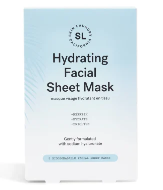 A white and light blue single-use pouch of Skin Laundry Hydrating Facial Sheet Mask, featuring the brand logo and product name, with benefits "+REFRESH +HYDRATE +BRIGHTEN" and noting it's "Gently formulated with sodium hyaluronate" and "1 BIODEGRADABLE FACIAL SHEET MASK."